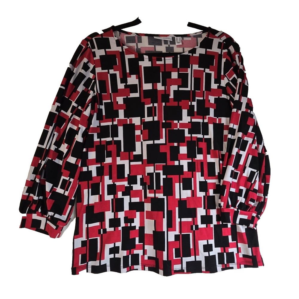 Susan Graver Top Women Sm Tunic Blouse Geometric Stretch Red Black White